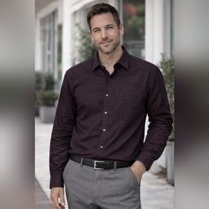 Marc Anthony Slim Fit Burgundy Plaid Button Up Shirt Modern Business Casual